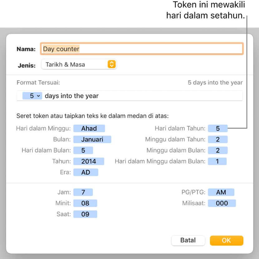 Tetingkap format sel tersuai dengan kawalan untuk memilih pemformatan tarikh dan masa tersuai.