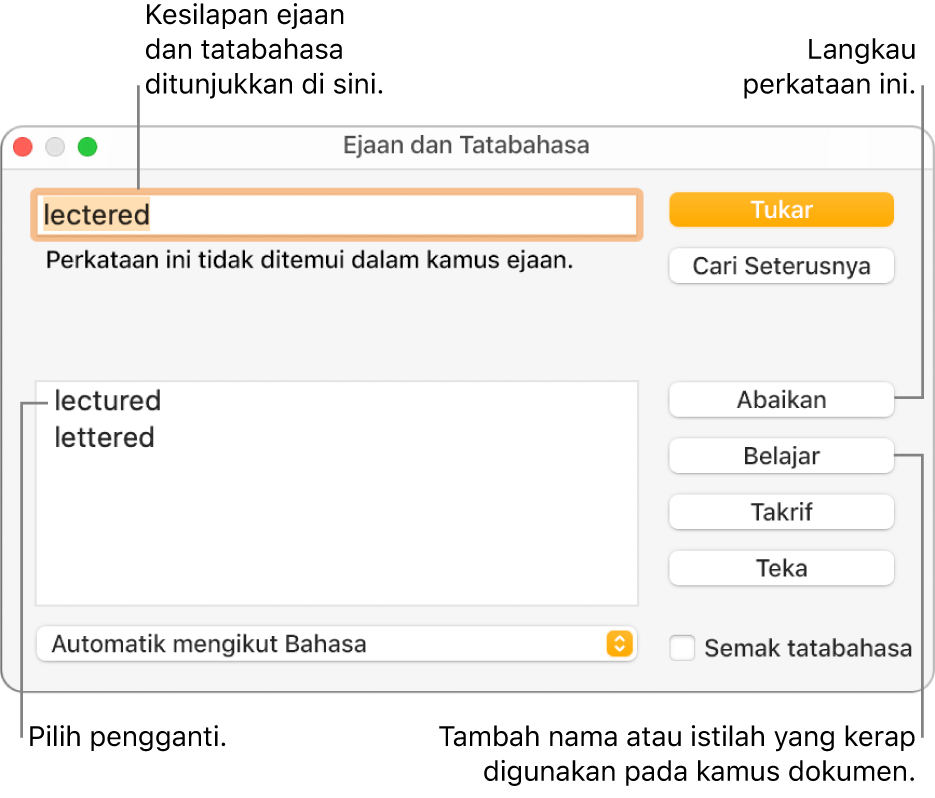 Tetingkap Ejaan dan Tatabahasa.