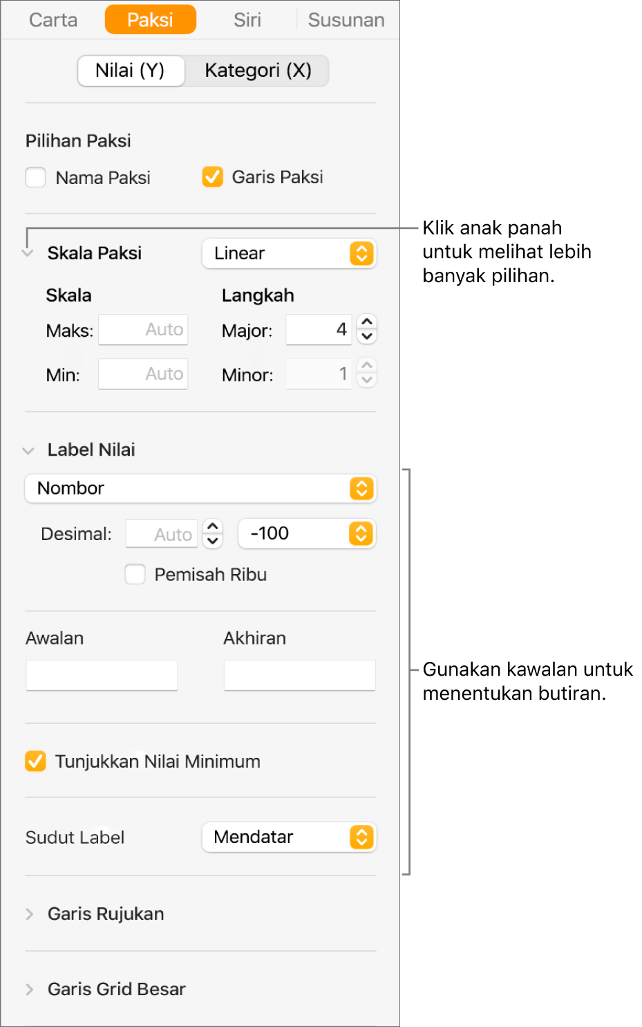 Kawalan untuk memformatkan tanda paksi carta.