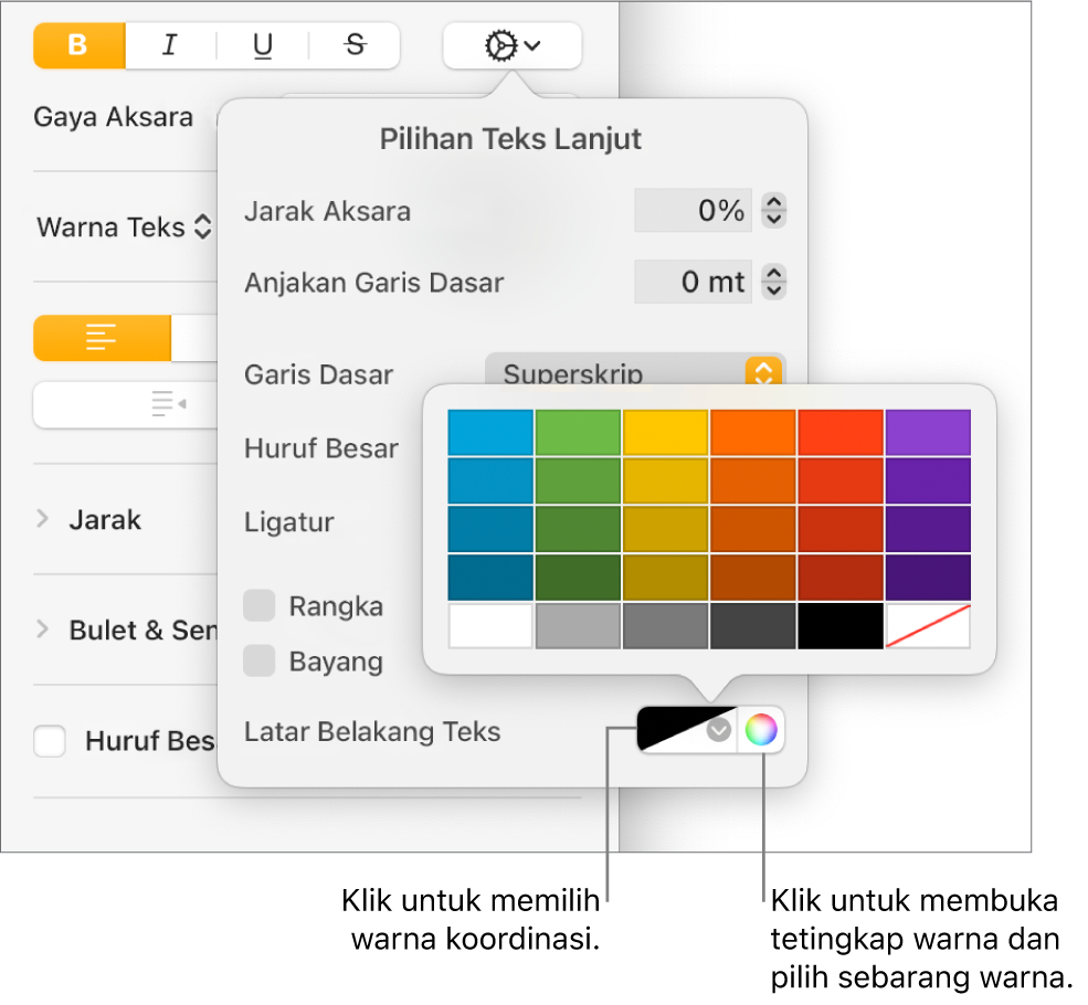 Kawalan untuk memilih warna latar belakang teks.