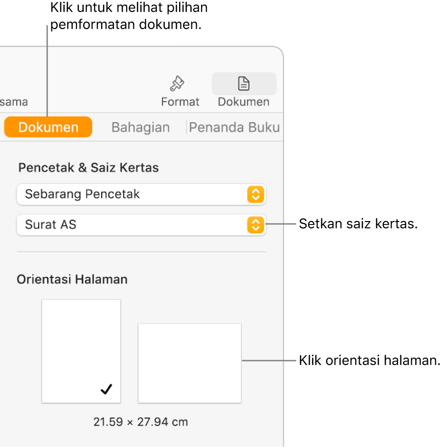 Bar sisi Dokumen dengan tab Dokumen di bahagian atas bar sisi dipilih. Dalam bar sisi ialah menu timbul untuk mengesetkan saiz kertas dan butang untuk orientasi halaman potret dan landskap.
