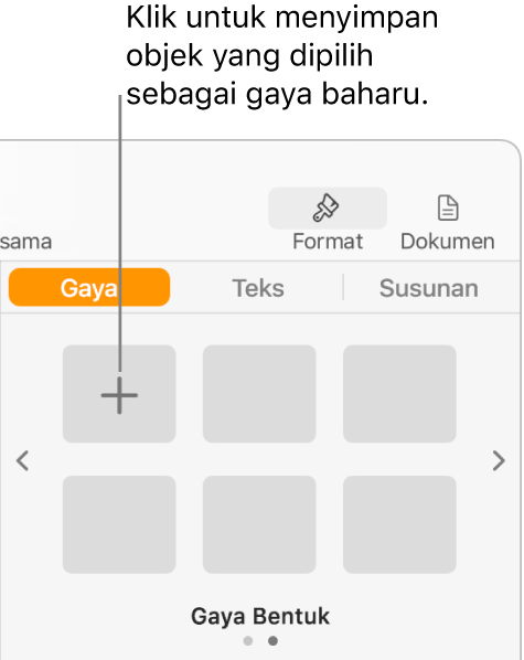 Tab Gaya pada bar sisi Format, dengan butang Cipta Gaya di penjuru kiri atas dan lima ruang letak gaya kosong.