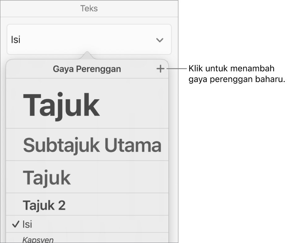 Menu Gaya Perenggan dengan petak bual ke butang Gaya Baharu.