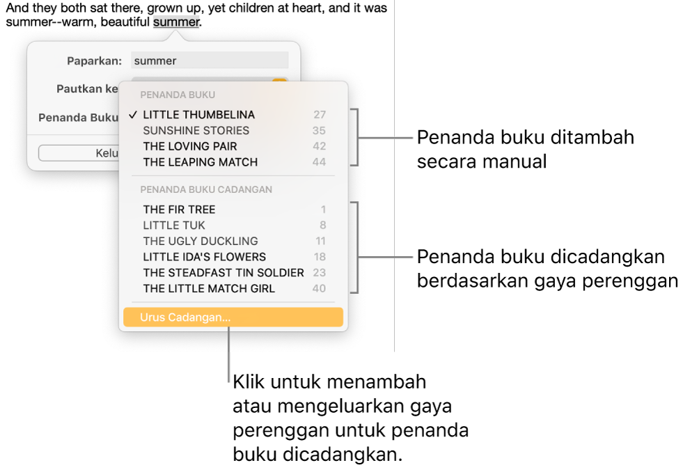 Senarai penanda buku dengan penanda buku ditambah secara manual di bahagian atas dan penanda buku cadangan di bahagian bawah. Pilihan Uruskan Cadangan berada di bawah.
