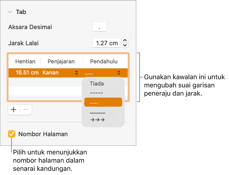 Bahagian Tab daripada bar sisi Format. Di bawah Jarak Lalai adalah jadual dengan lajur Hentian, Penjajaran dan Peneraju. Kotak semak Nombor Halaman kelihatan sebagai dipilih dan kelihatan di bawah jadual.