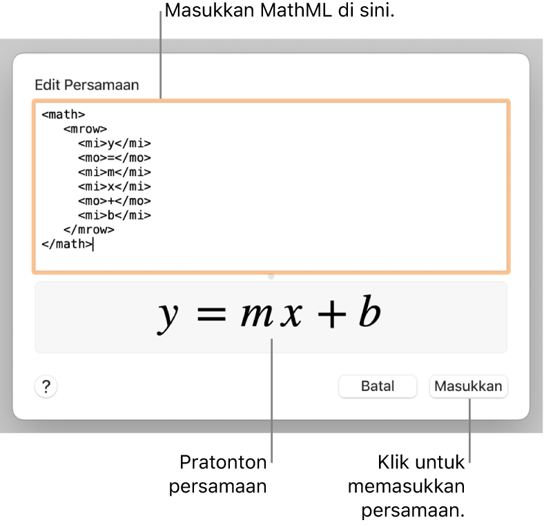 Persamaan untuk cerun garis dalam medan Edit Persamaan dan pratonton formula di bawah.
