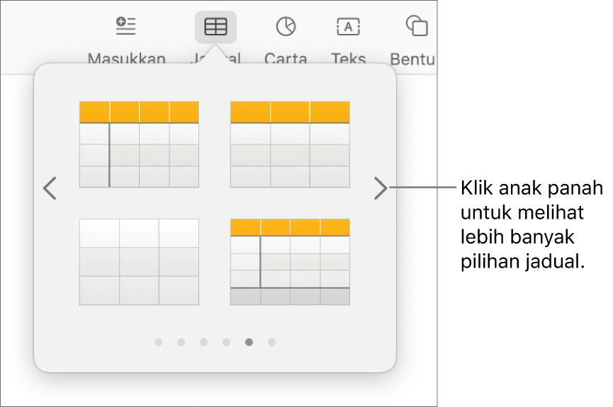 Menu Tambah Jadual dengan anak panah navigasi.