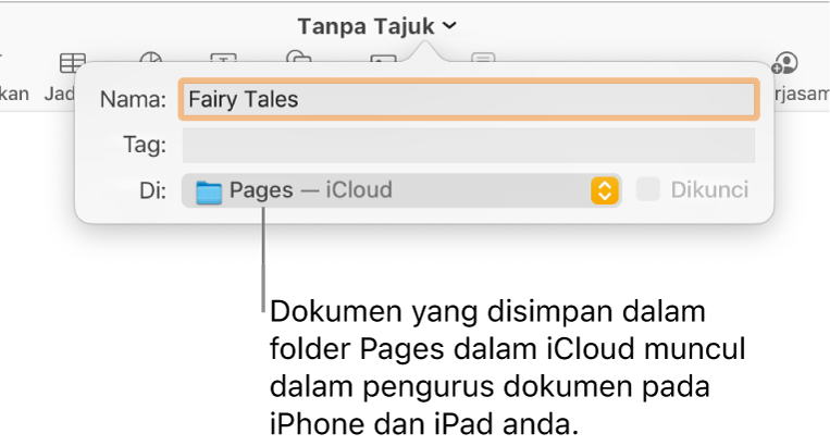 Dialog Simpan untuk dokumen dengan Pages—iCloud dalam menu timbul Di.
