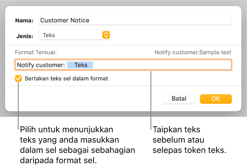 Tetingkap format sel tersuai dengan kawalan untuk memilih pemformatan teks tersuai.