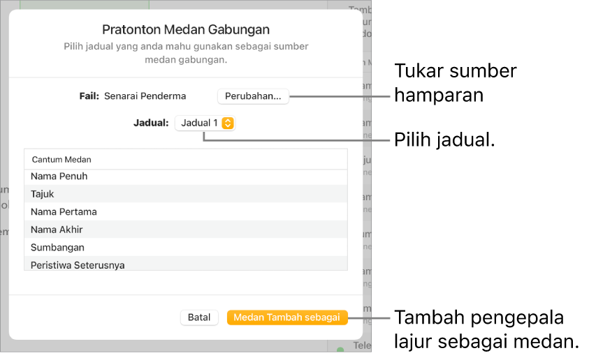Anak tetingkap Medan Gabungan Pratonton, dengan pilihan untuk menukar fail sumber atau jadual, mempratonton nama medan gabungan atau menambah pengepala lajur sebagai medan.