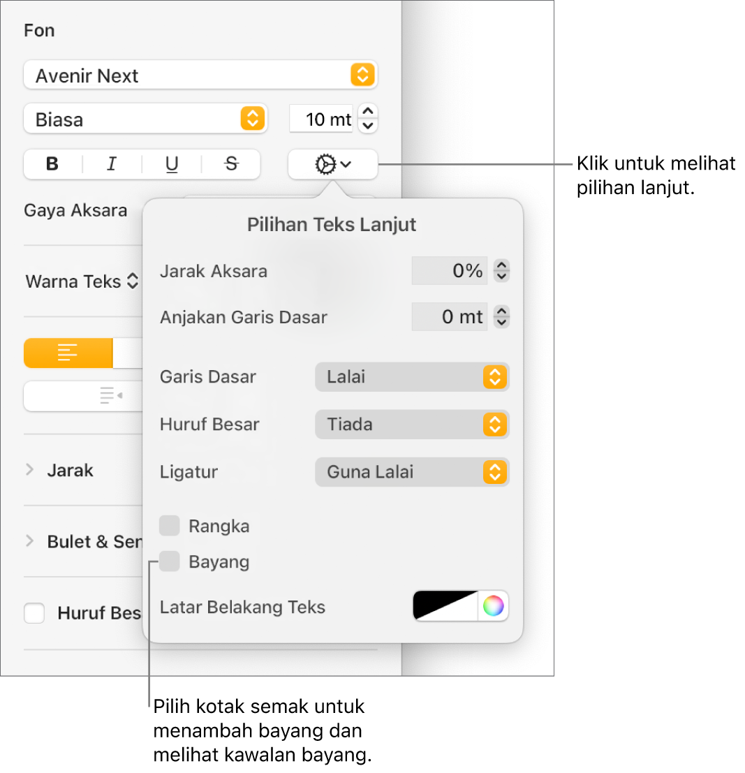 Menu Pilihan Lanjutan terbuka dan kotak semak Bayang dipilih dan kawalan untuk mengesetkan kabur, ofset, kelegapan, sudut dan warna.