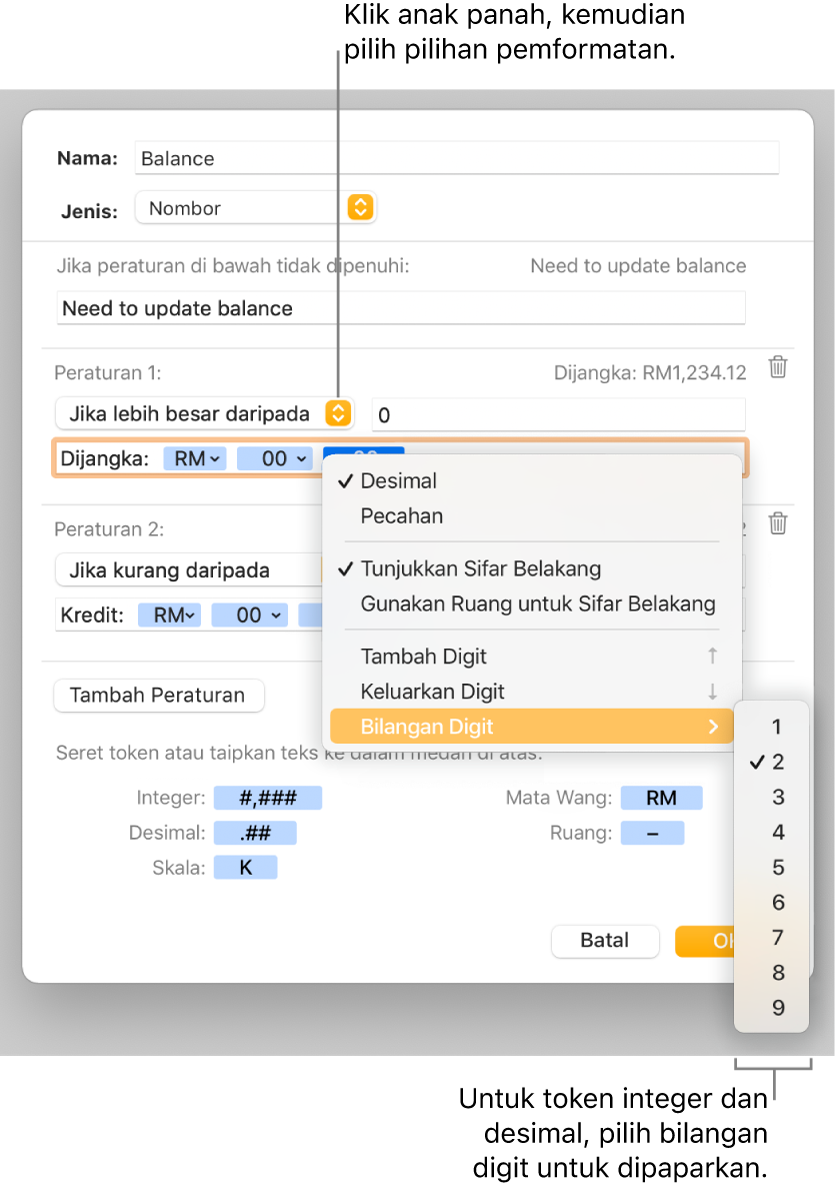 Tetingkap format sel tersuai dengan kawalan untuk memilih pilihan pemformatan tersuai.