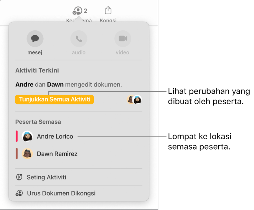 Menu kerjasama dengan dua peserta semasa disenaraikan.