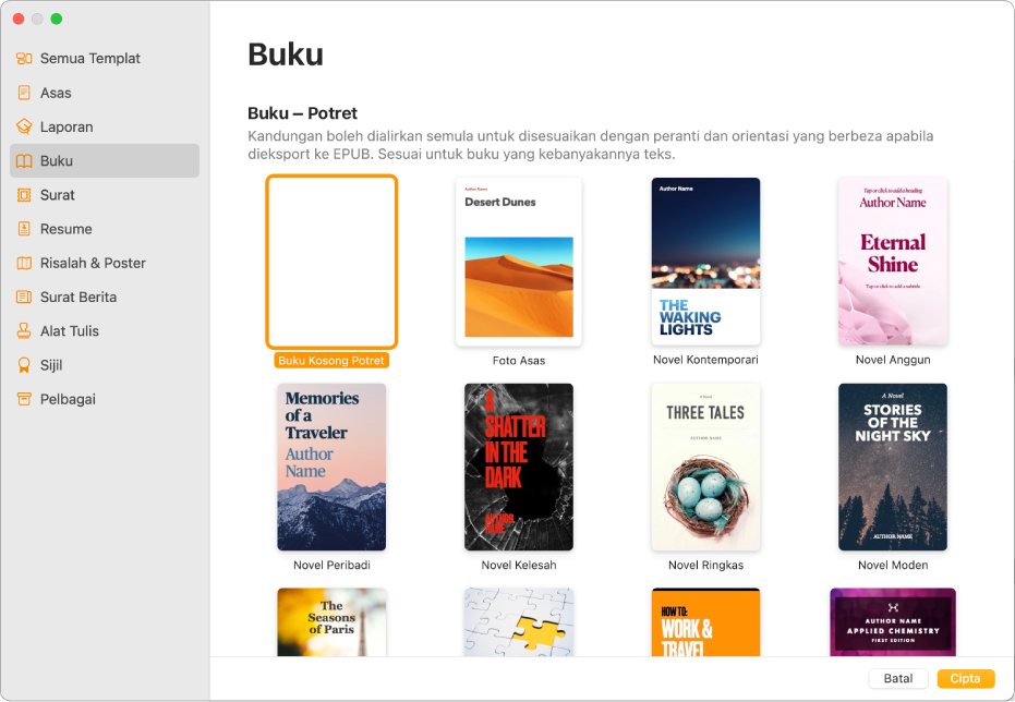 Pemilih templat dengan Buku dipilih dalam senarai kategori di sebelah kiri dan templat buku dalam orientasi potret di sebelah kanan.