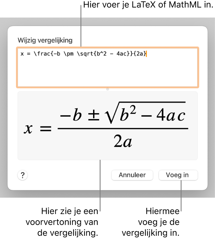 Het venster 'Wijzig vergelijking' met in het veld 'Wijzig vergelijking' een LaTeX-wortelformule en daaronder een voorvertoning van de formule.