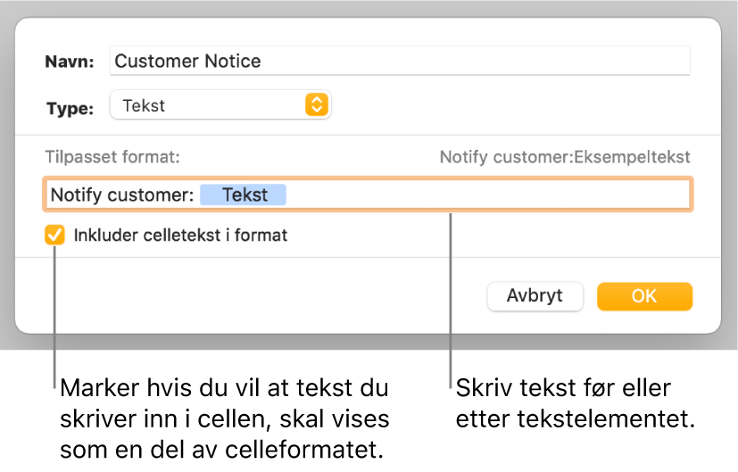 Tilpasset celleformat-vinduet, med kontroller for å velge tilpasset tekstformatering.