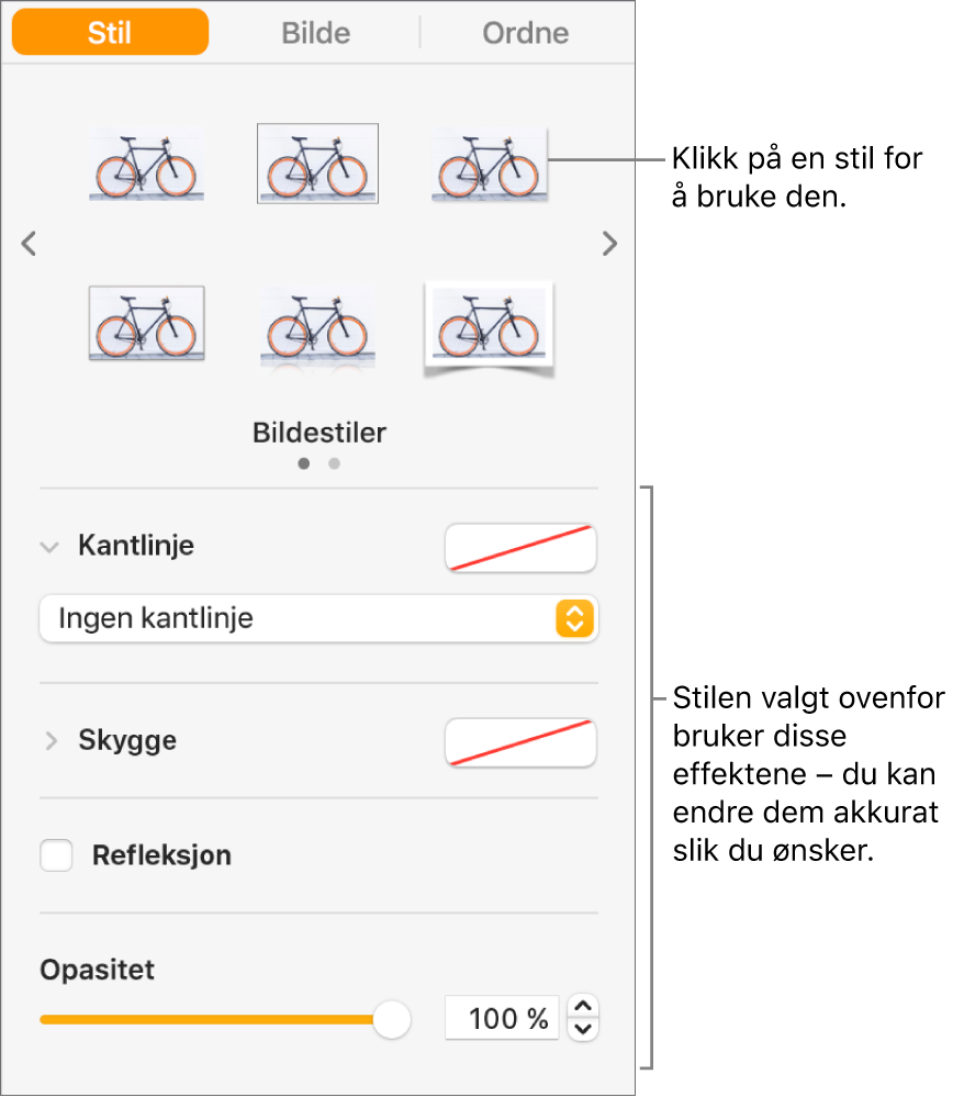 Stil-fanen i Format-sidepanelet som viser valg for objektstiler.