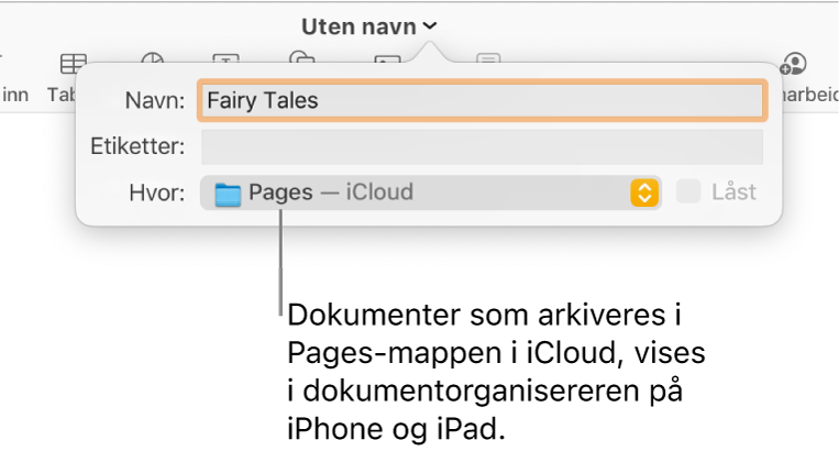 Arkiver-dialogruten for et dokument med Pages – iCloud i Hvor-lokalmenyen.