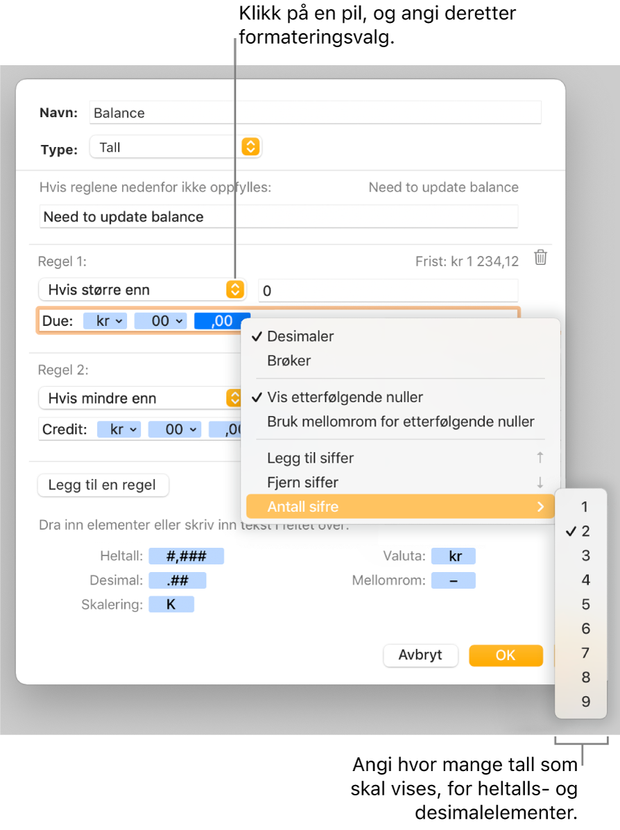 Tilpasset celleformat-vinduet, med kontroller for å velge tilpassede formateringsalternativer.