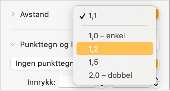 Avstand-lokalmenyen, med Enkel, Dobbel og andre alternativer.