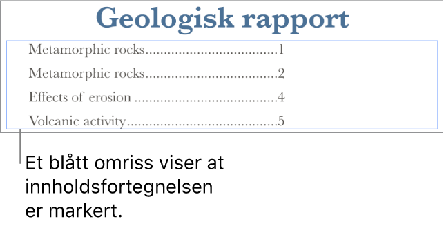 En innholdsfortegnelse som er satt inn i et dokument. Oppføringer viser overskrifter sammen med deres sidetall.