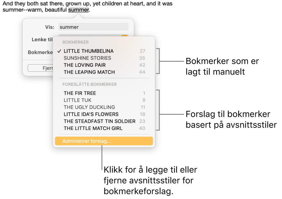 Bokmerkelisten med bokmerker som er manuelt lagt til, øverst, og foreslåtte bokmerker nedenfor. Administrer forslag-alternativet er nederst.