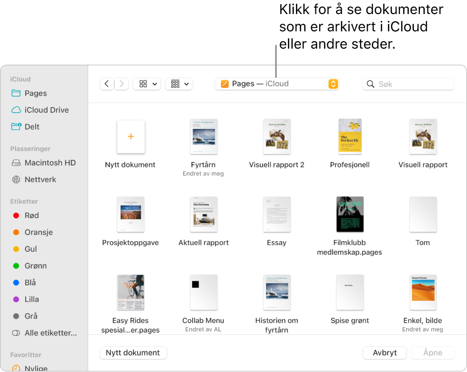 Åpne-dialogruten med sidepanelet åpent på venstre side og iCloud Drive valgt i lokalmenyen øverst. Mapper for Keynote, Numbers og Pages vises i dialogruten sammen med en Nytt dokument-knapp.