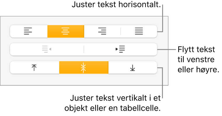 Justering-delen i formatinspektøren, med knapper for justering av tekst horisontalt og vertikalt og knapper for å flytte tekst til venstre eller høyre.