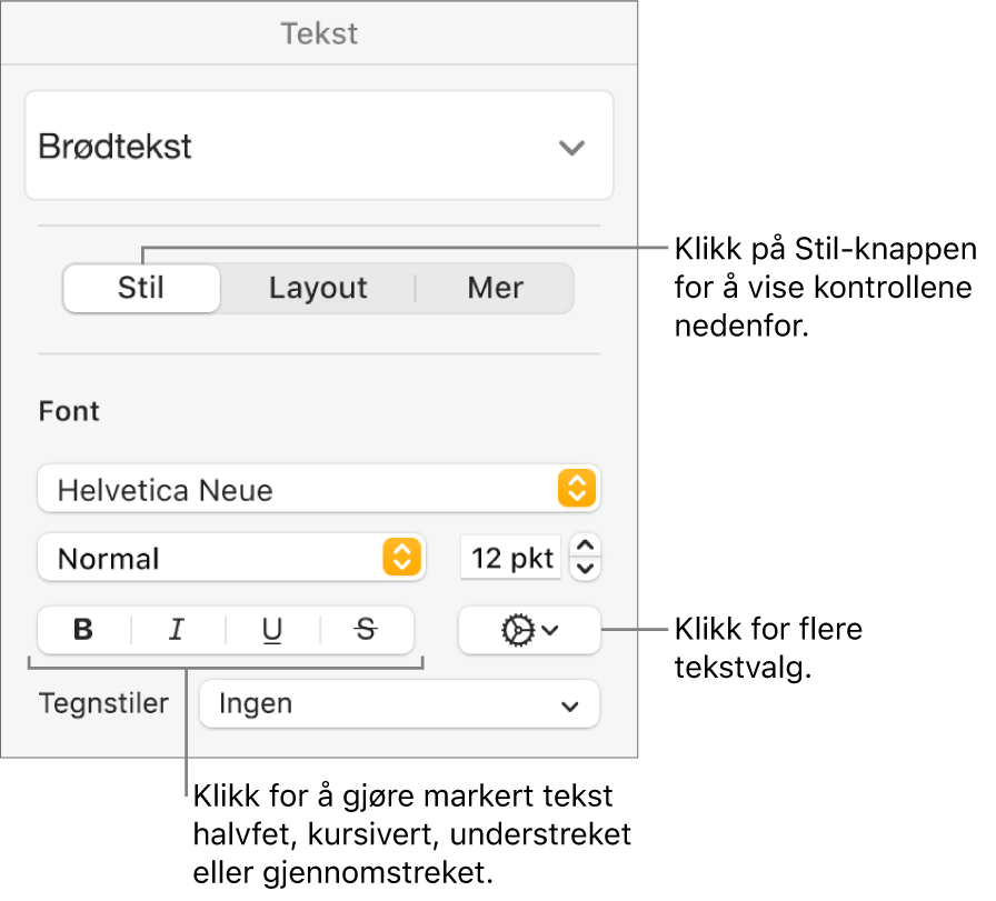 Stil-kontrollene i Format-sidepanelet med bildeforklaringer for Halvfet-, Kursiv-, Understreket- og Gjennomstreket-knappene.