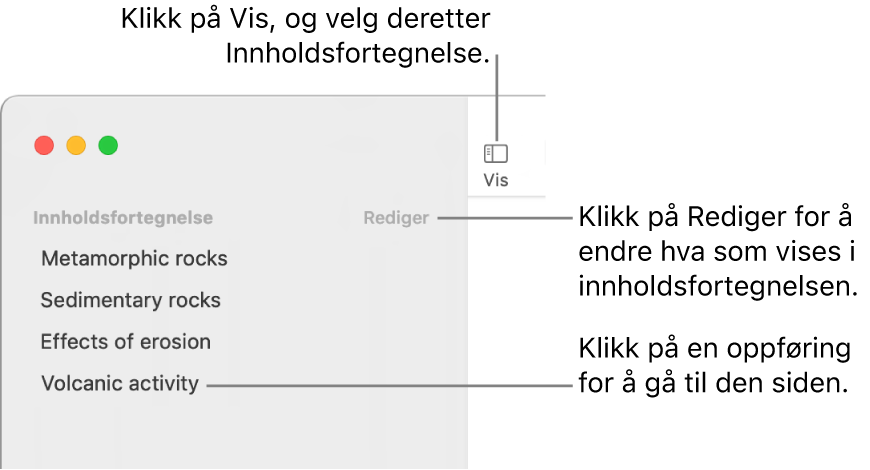 Innholdsfortegnelsen på venstre side av Pages-vinduet med en Rediger-knapp øverst til høyre i sidepanelet og innholdsfortegnelseoppføringer i en liste. Vis-knappen er øverst til venstre i Pages-verktøylinjen, over sidepanelet.