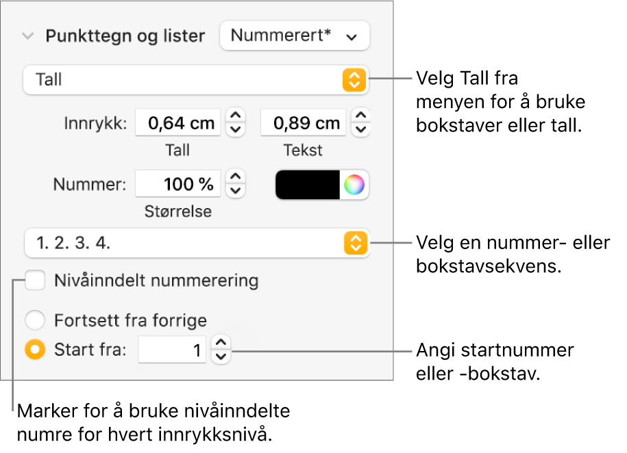Kontrollene for å endre nummereringsstilen og avstanden for en liste.