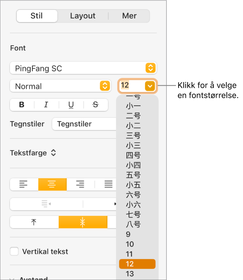 Stil-delen i Format-sidepanelet med fontstørrelselokalmenyen åpen. Fontstørrelsene som kinesiske myndigheter har satt som standard, vises øverst i lokalmenyen med punktstørrelser nedenfor.