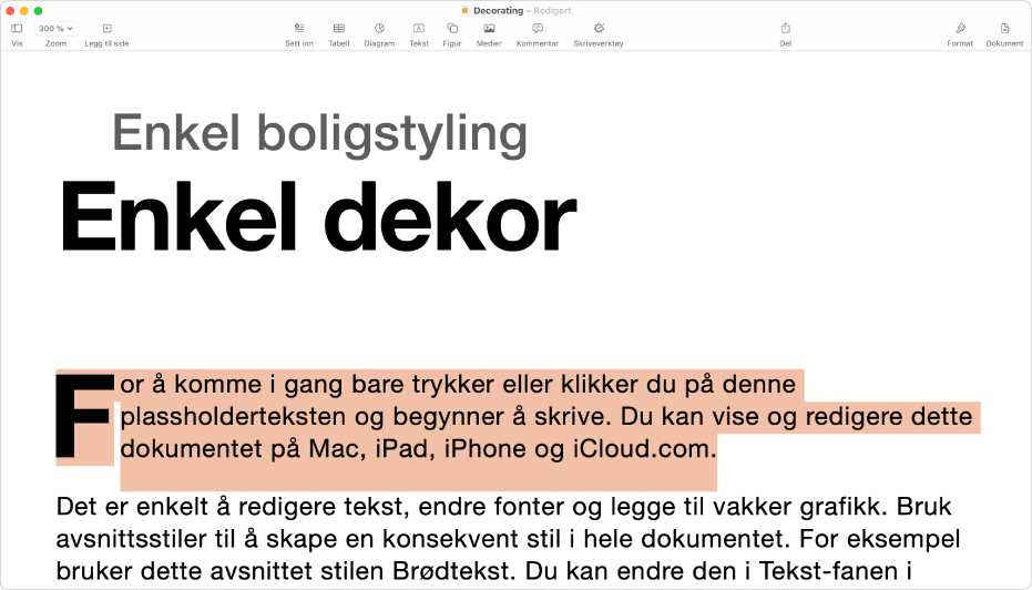 I et åpent dokument med plassholdertekst for mal markert.