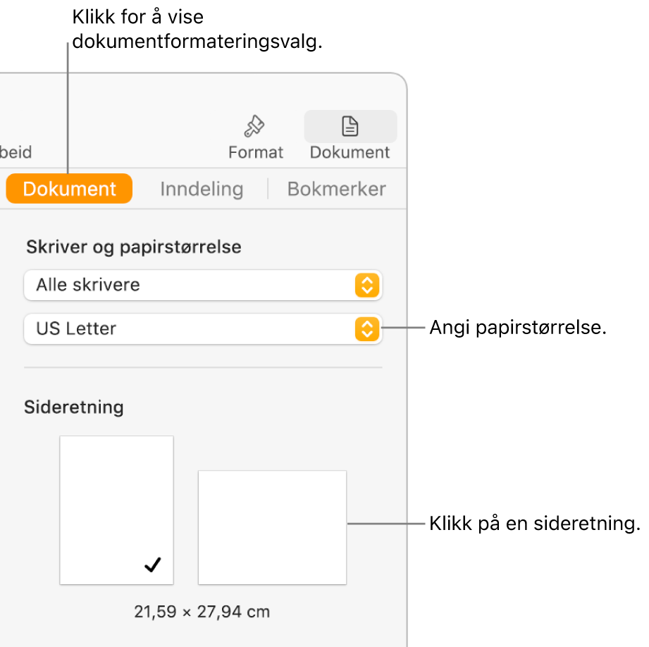 Dokument-sidepanelet med Dokument-fanen øverst i sidepanelet markert. I sidepanelet vises det en lokalmeny for å angi papirstørrelse og knapper for liggende og stående sideretning.
