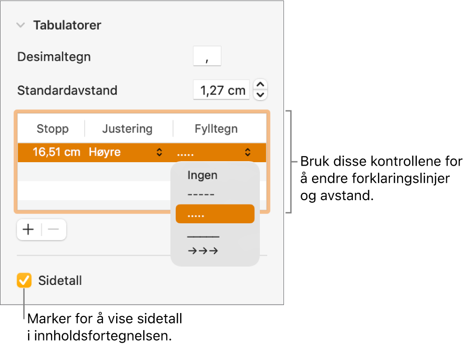 Tabulatorer-delen i Format-sidepanelet. Under Standardavstand er det en tabell med Stopp-, Justering- og Fylltegn-kolonner. En Sidetall-avkrysningsrute er markert og vises under tabellen.