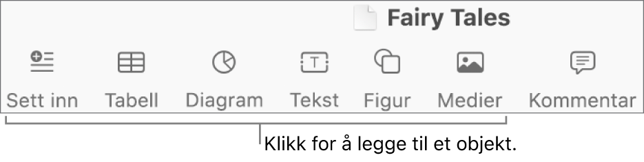 Verktøylinjen, med knapper for å legge til tabeller, diagrammer, tekst, figurer og medier.