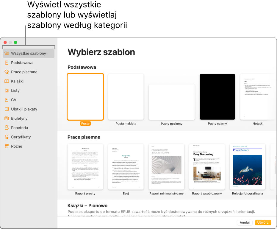 Paleta szablonów. Pasek boczny po lewej zawiera listę kategorii, w które możesz kliknąć, aby filtrować dostępne opcje. Po prawej stronie widoczne są miniaturki gotowych szablonów uporządkowane wierszami według kategorii, zaczynając od widocznej na górze kategorii Podstawowe, po której następuje kategoria Prace pisemne oraz kategoria Książki – pionowe. Menu podręczne Język i region znajduje się w lewym dolnym rogu, natomiast przyciski Anuluj oraz Utwórz znajdują się w prawym dolnym rogu.
