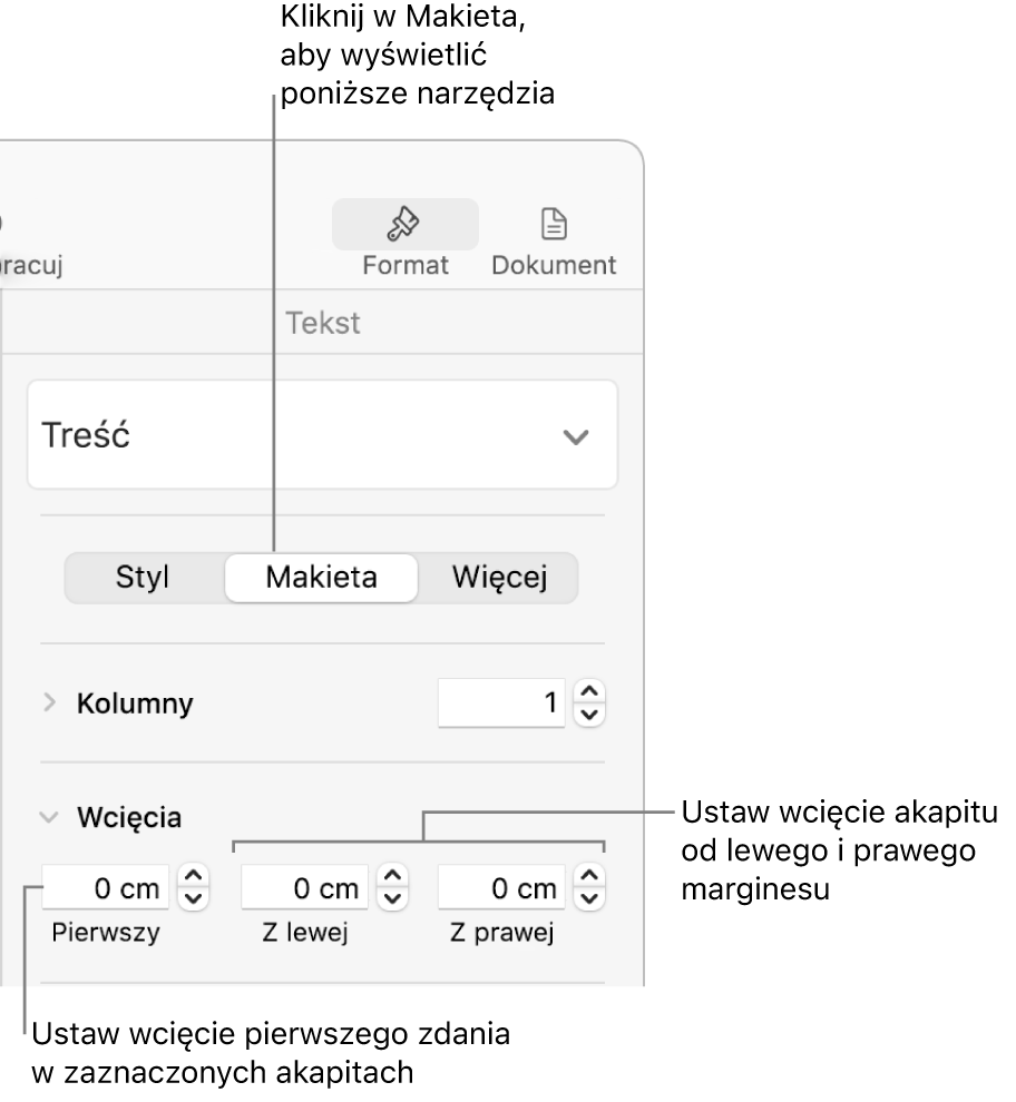 Narzędzia w sekcji Makieta na pasku bocznym Format, pozwalające na ustawianie wcięcia pierwszego wiersza.