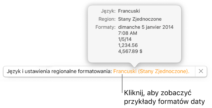 Powiadomienie o różnicy ustawień dotyczących języka i regionu, pokazujące przykłady formatowania używanego w wybranym języku i regionie.