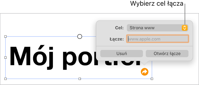 Narzędzia edytora łączy; wybrane jest narzędzie Strona www; na dole znajdują się przyciski Usuń i Otwórz łącze.