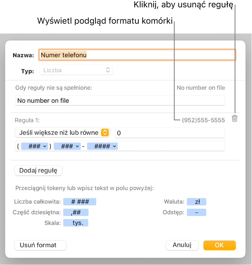 Okno własnego formatu z narzędziami wybierania własnego formatowania liczb.
