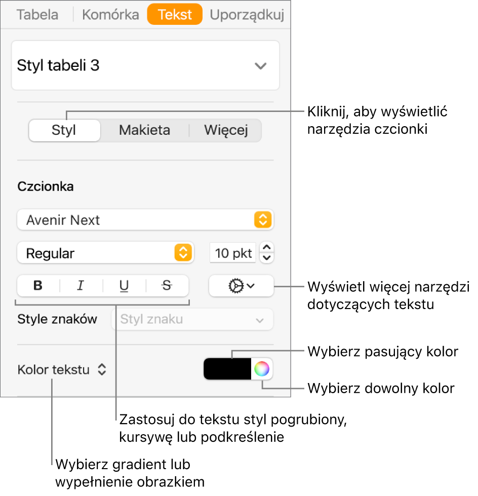 Narzędzia edycji stylu tekstu w tabeli.