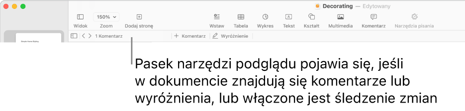 Pasek narzędzi Pages na górze ekranu z przyciskami Widok, Zoom, Dodaj stronę, Wstaw, Tabela, Wykres, Tekst, Kształt, Multimedia oraz Komentarz. Poniżej paska narzędzi Pages znajduje się pasek narzędzi recenzji z przyciskiem ukrywania lub pokazywania komentarzy, strzałkami do przejścia do poprzedniego lub następnego komentarza, całkowitą liczbą komentarzy oraz przyciskami dodawania komentarza lub podświetlania.