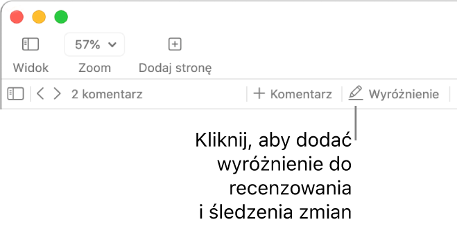 Pasek menu zawierający menu Wstaw, a pod nim pasek narzędzi Pages z narzędziami recenzenta oraz objaśnieniem do przycisku Wyróżnij.