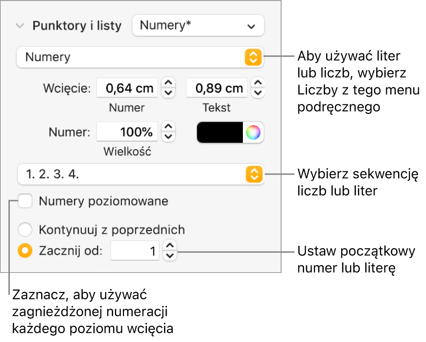 Narzędzia zmieniania stylu numeracji i odstępów listy.