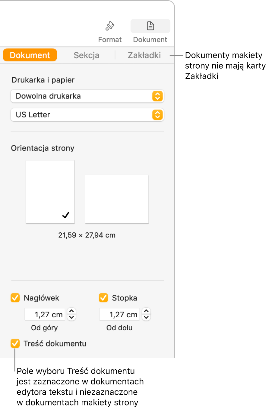 Pasek boczny Format z widocznymi na górze kartami Dokument, Sekcja oraz Zakładki. Zaznaczona jest karta Dokument. Obok karty Zakładki widoczny jest opis informujący, że dokumenty makiety strony nie mają karty Zakładki. Pole wyboru Treść dokumentu jest zaznaczone, co wskazuje również, że jest to dokument edytora tekstu.
