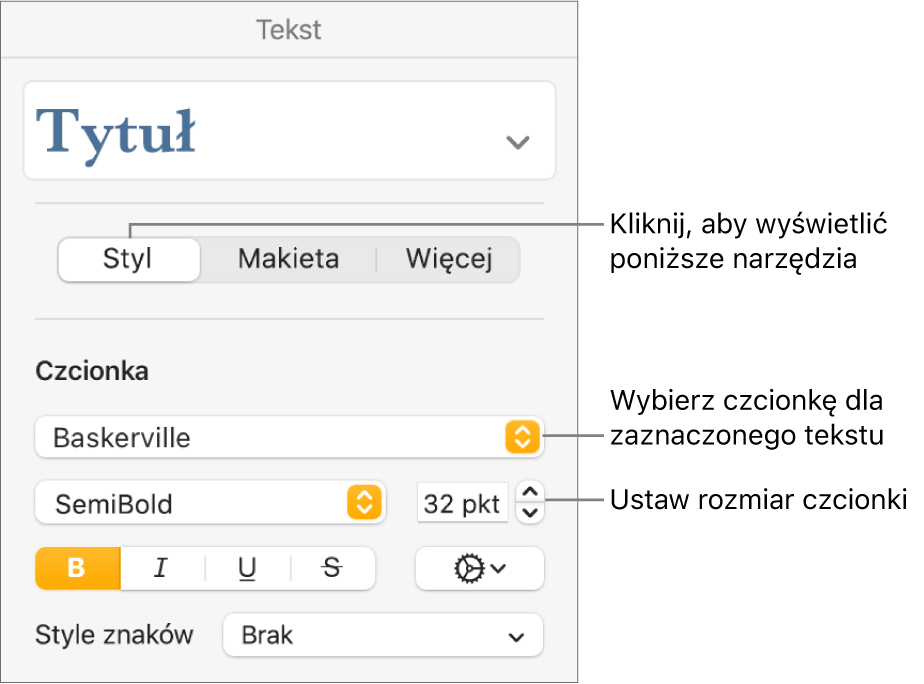 Narzędzia tekstu w sekcji Styl na pasku bocznym Format, pozwalające na ustawianie czcionki i jej wielkości.