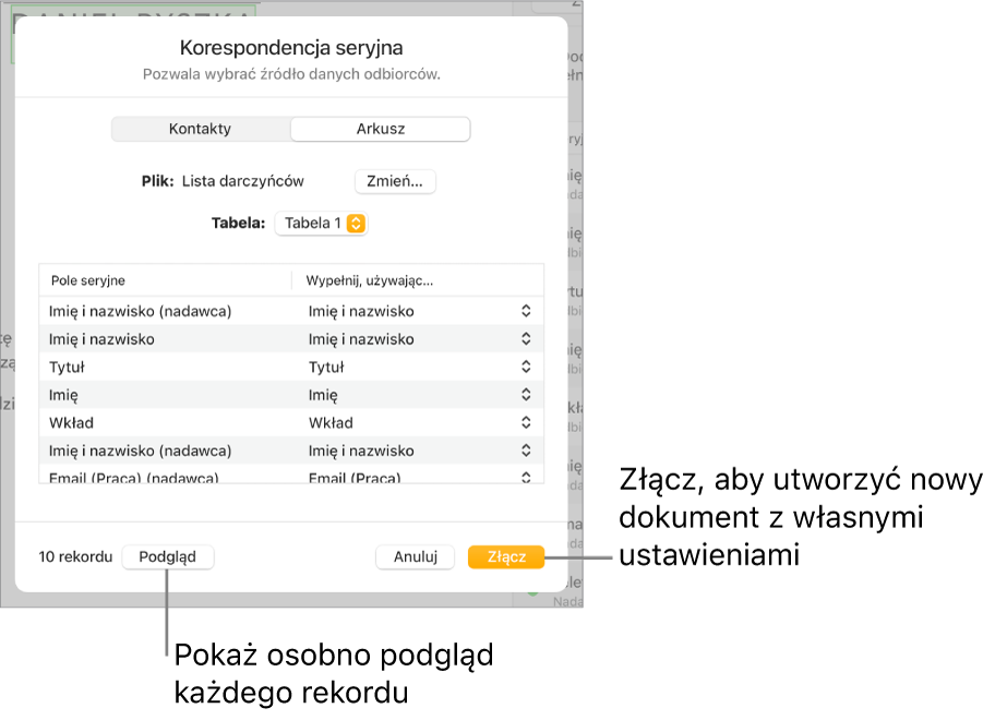 Panel korespondencji seryjnej zawierający opcje pozwalające zmienić plik źródłowy lub tabelę źródłową, wyświetlić podgląd nazw pól korespondencji seryjnej lub poszczególnych rekordów oraz złączyć dokument z danymi.