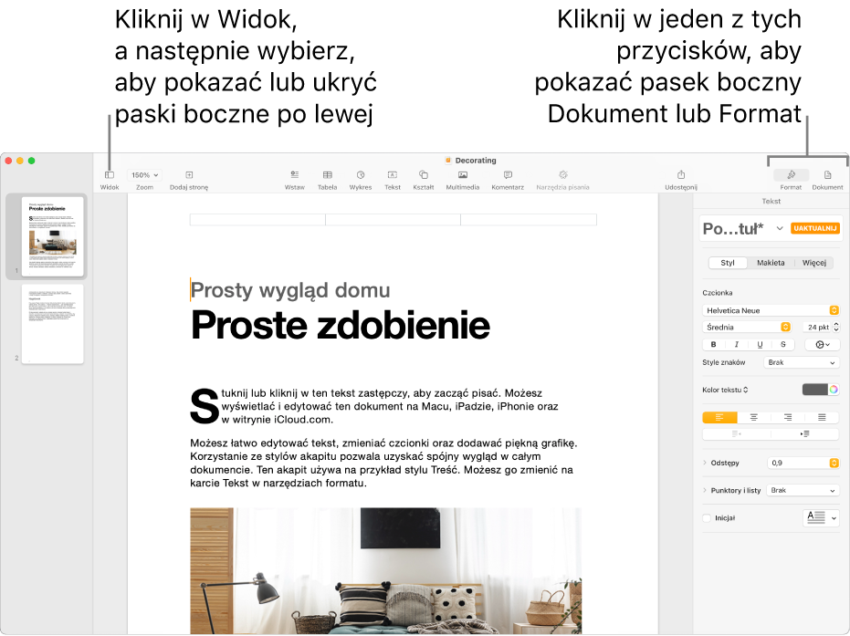 Okno Pages z etykietami wskazującymi przycisk menu Widok oraz przyciski Format i Dokument na pasku narzędzi. Po lewej i po prawej stronie otwarty jest pasek boczny.