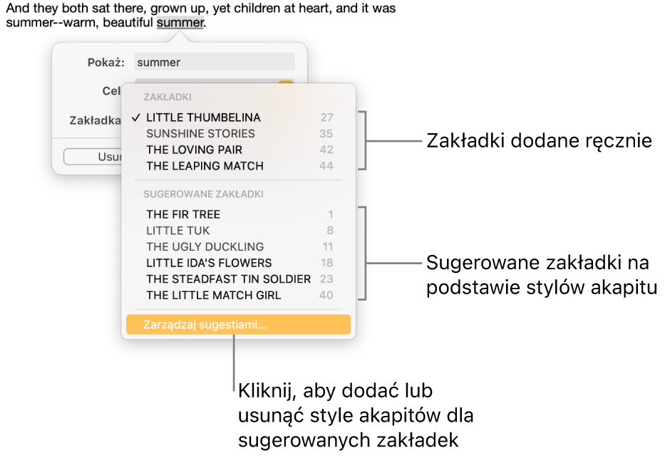 Lista zakładek rozpoczynająca się od zakładek dodanych ręcznie, poniżej których widoczne są sugerowane zakładki. Na dole znajduje się przycisk Zarządzaj sugestiami.